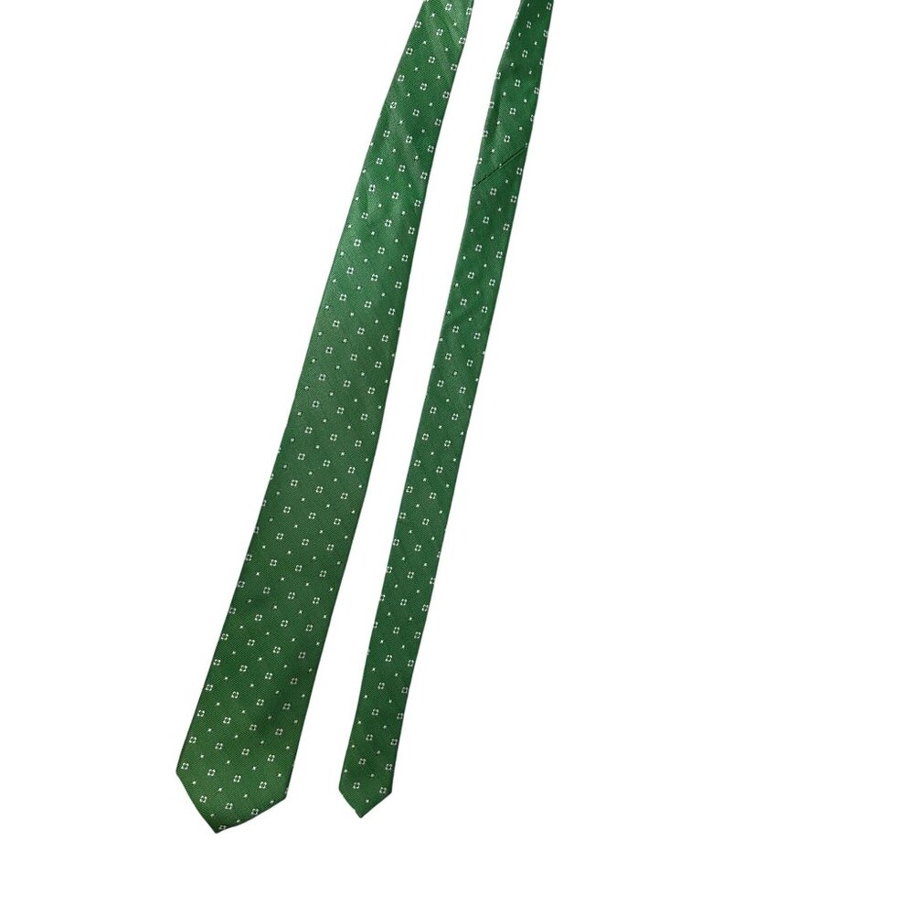 Tattersall Green Silk Tie With White Clover Pattern